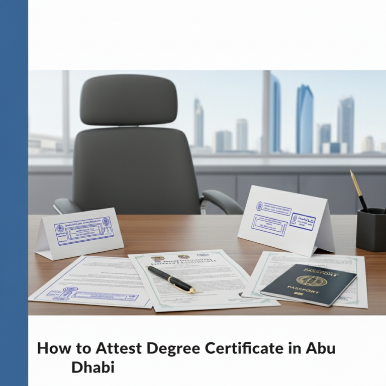 attest Degree certificate in Abu Dhabi with academic documents, passport, and UAE document verification setup.