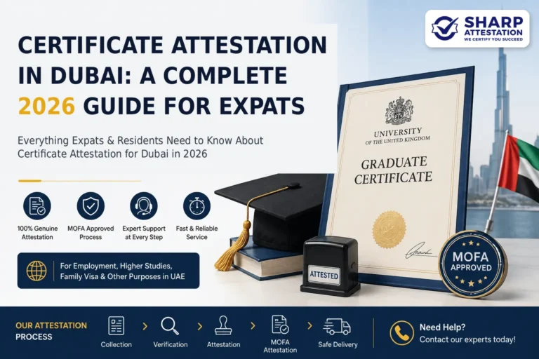 Cover image for Certificate Attestation in Dubai 2026 guide showing a UK graduate certificate, attestation stamp, MOFA approved badge, and Dubai skyline with Burj Khalifa
